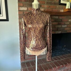Anthropologie Byron Lars Metallic Sequin Long Sleeve Bodysuit in Bronze Sz 10